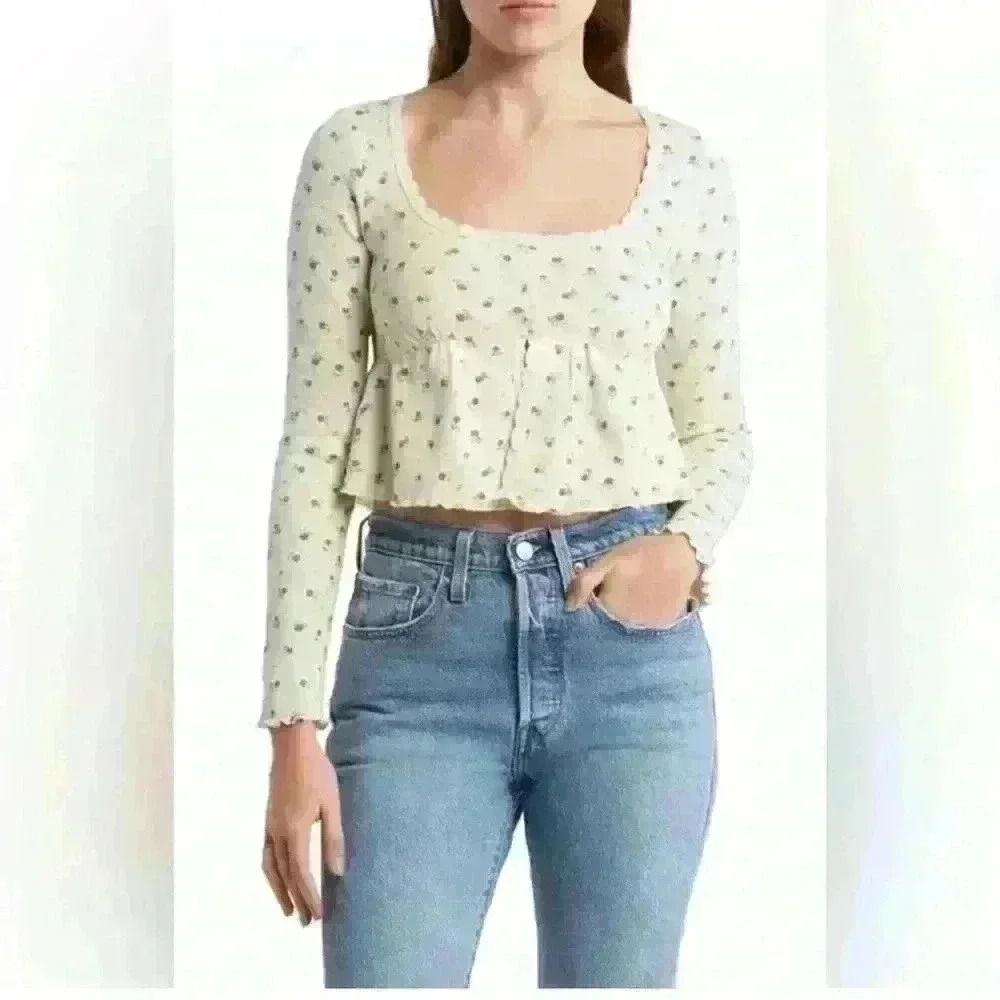 KIRIOUS Los Angeles Floral Babydoll Crop Top White Button Front Waffle Knit Sz L